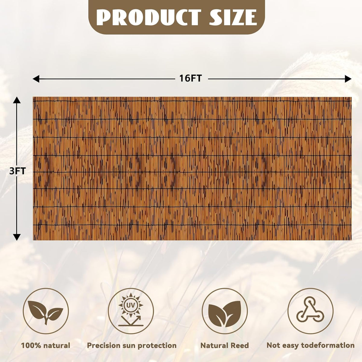 Bamboo Reed Fencing, Light Russet Bamboo Fence Rolls 3 Feet High, Decorative Reed Curtains Privacy