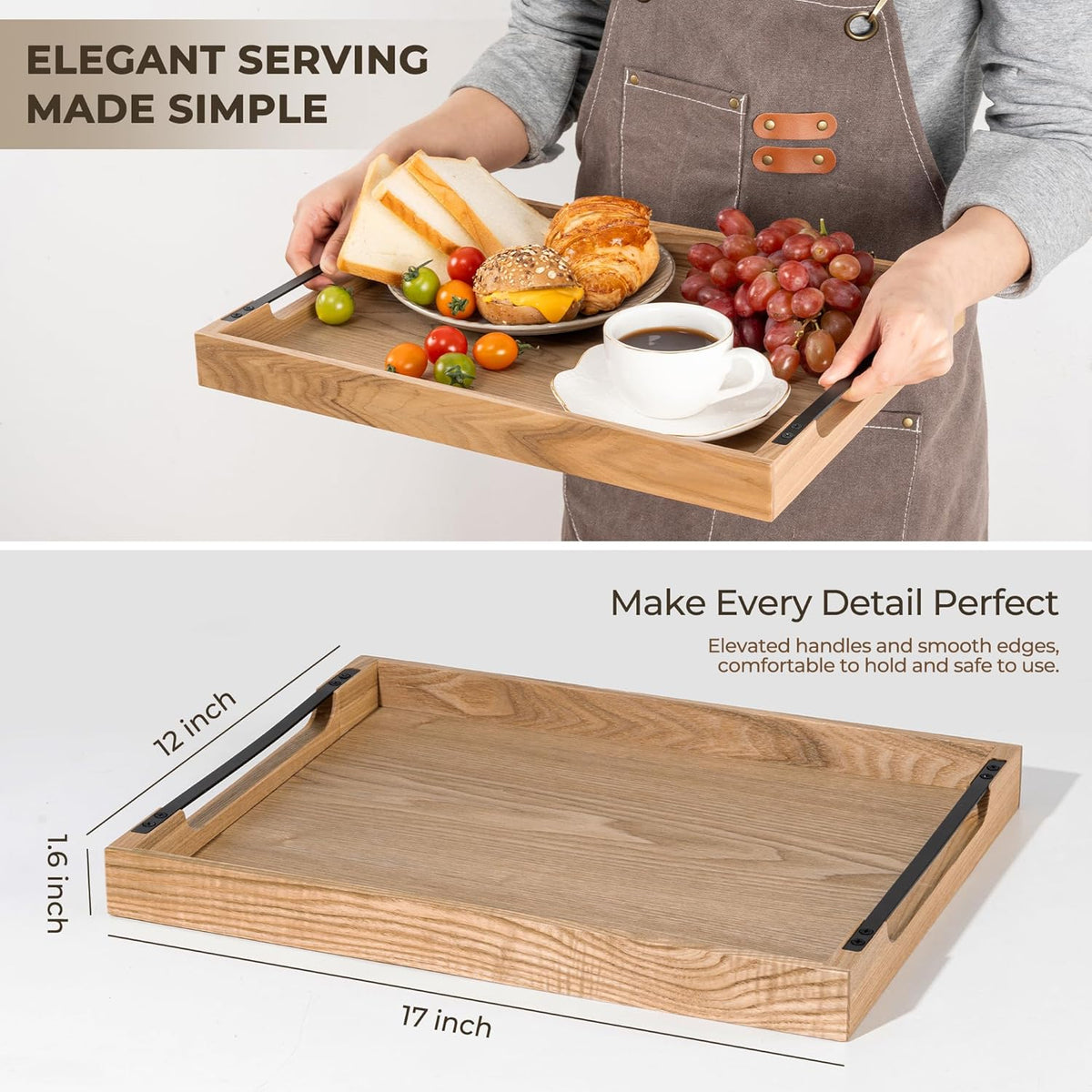 Axeman Wooden Serving Tray with Metal Handles|Ottoman Tray for Breakfast, Bed, Couch|17x13in Ash