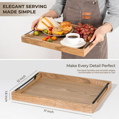 Axeman Wooden Serving Tray with Metal Handles|Ottoman Tray for Breakfast, Bed, Couch|17x13in Ash
