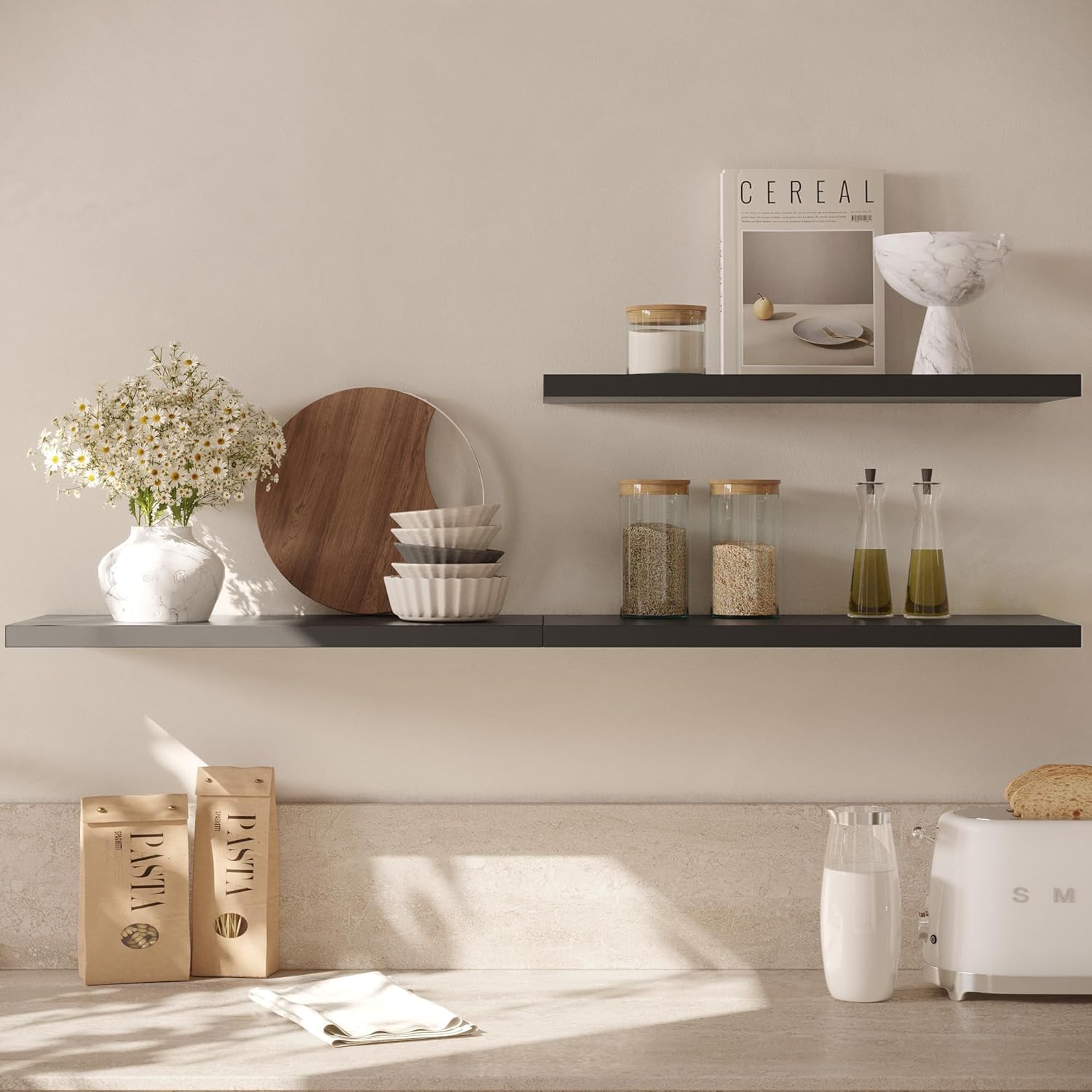 Wall Shelf Set of 2, Black Floating Shelves 30 in W x 10 in D x 1 in H, Wooden Floating Wall Shelf
