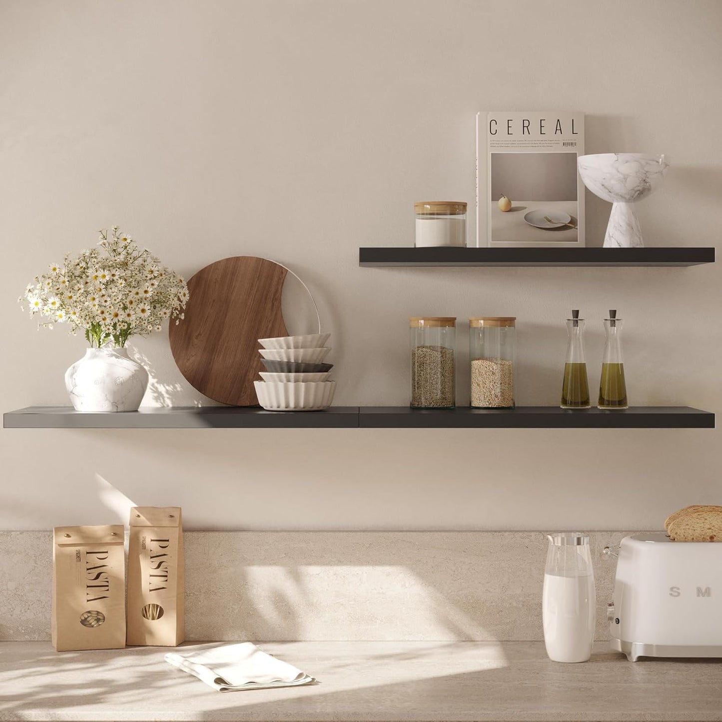 Wall Shelf Set of 2, Black Floating Shelves 24 in W x 10 in D x 1 in H, Wooden Floating Wall Shelf