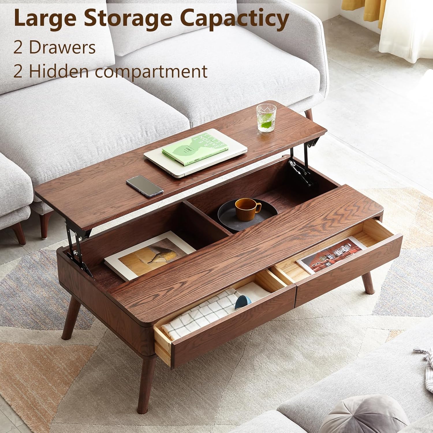 Solid Oak Wood Lift Top Coffee Table for Living Room, Mid Century Modern Tables with Drawers and