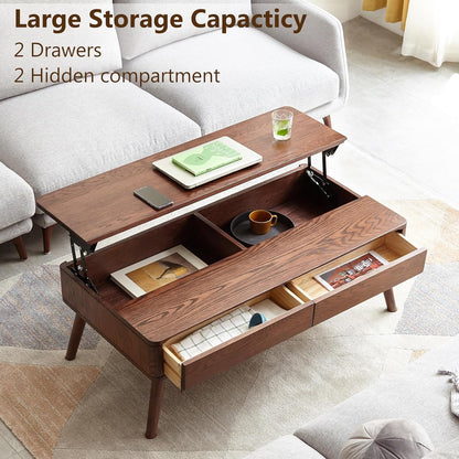 Solid Oak Wood Lift Top Coffee Table for Living Room, Mid Century Modern Tables with Drawers and