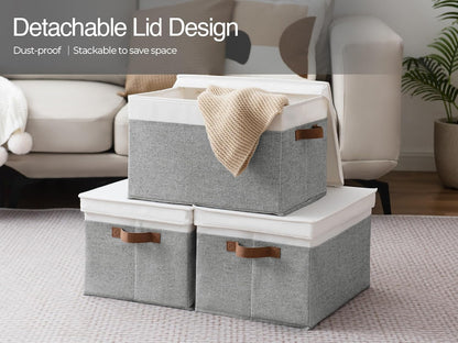 StorageWorks Storage Bins with Lids, Decorative Storage Boxes with Lid and PU Handles, Foldable