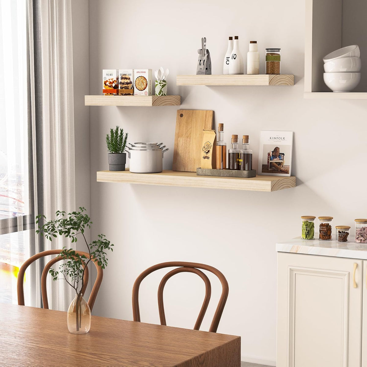 Light Wood Floating Shelves 48 Inch, 8 in Deep Single Book Shelf Floating for Wall Mounted, Heavy
