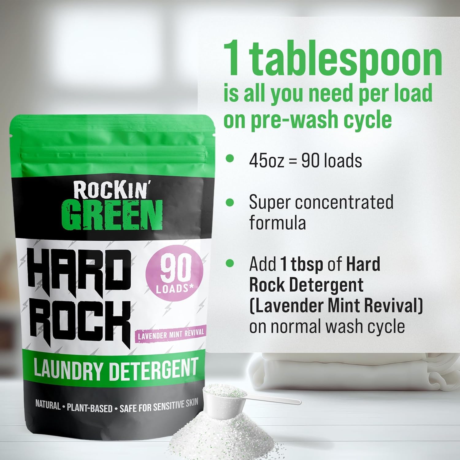 Rockin' Green Hard Rock Laundry Detergent for Hard Water (90 Loads), Plant based, Natural Laundry