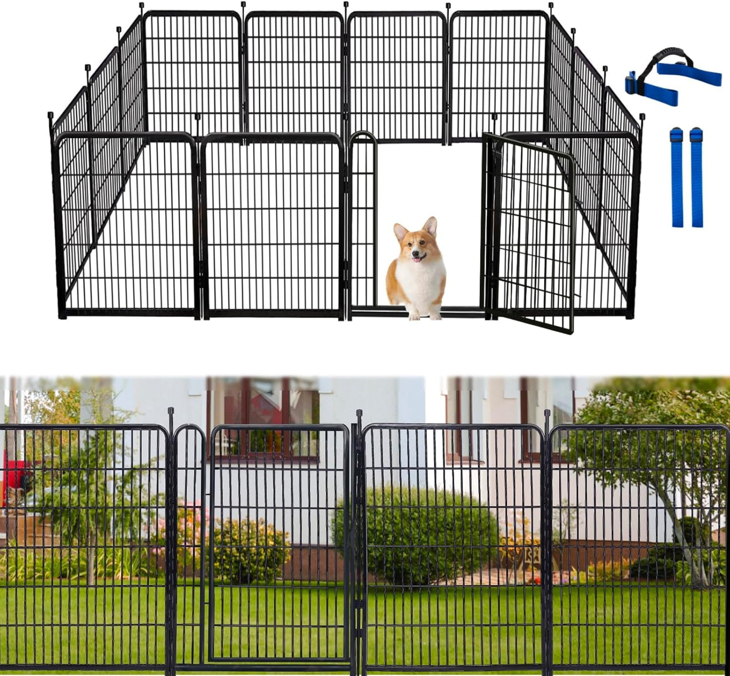 32 in(H) Dog Fence Outdoor For Yard, 21 in Wide Low Threshold Gate, 12 Panels Total 26.6 Ft(L)