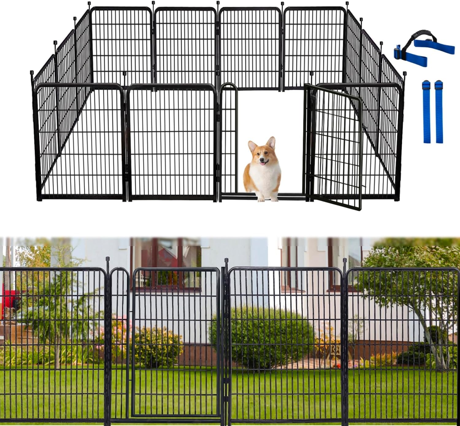 32 in(H) Dog Fence Outdoor For Yard, 21 in Wide Low Threshold Gate, 12 Panels Total 26.6 Ft(L)
