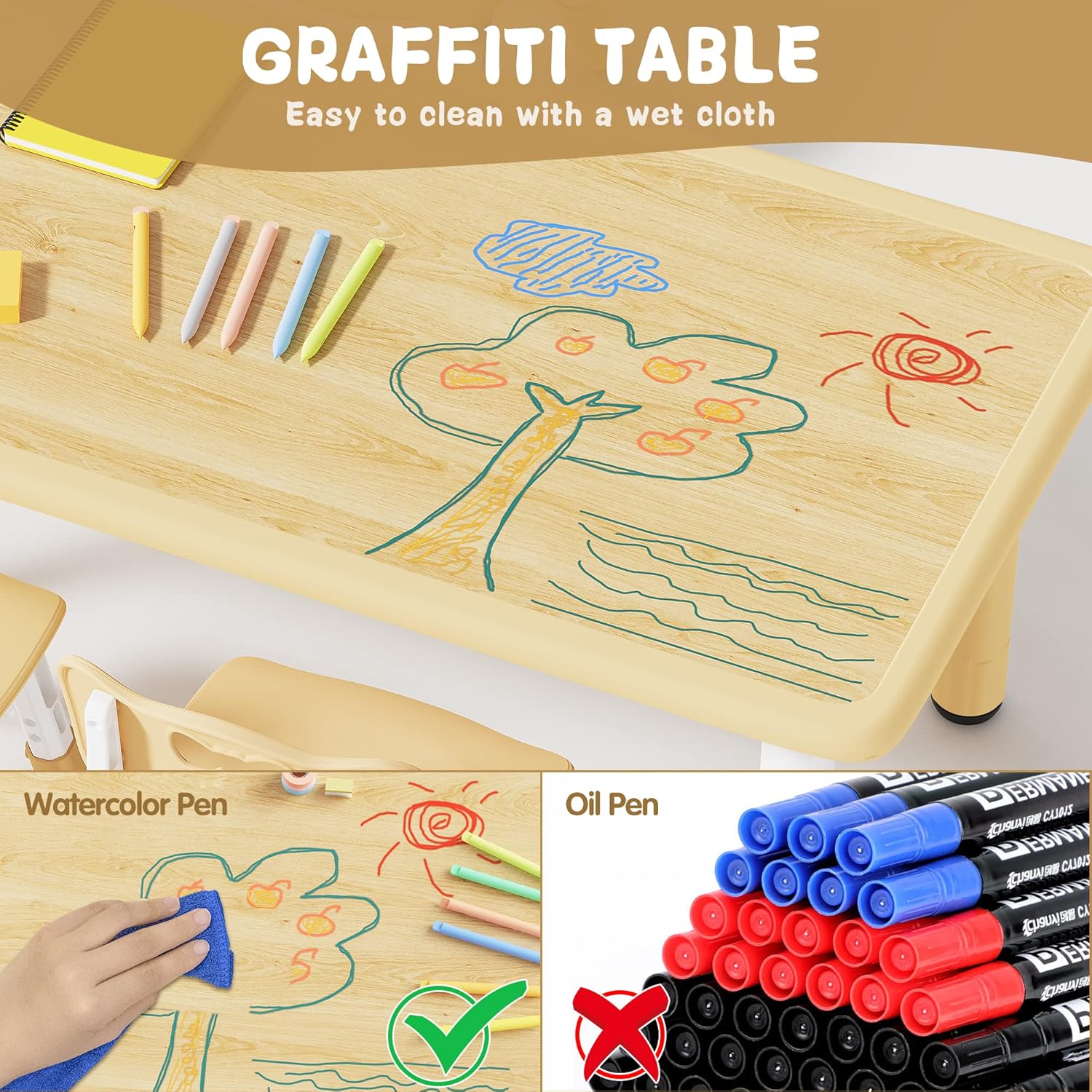 Brelley Kids Table and 4 Chairs Set, Height Adjustable Toddler Table and Chair Set, Graffiti
