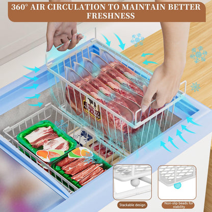 6 Pack Stackable Deep Freezer Organizer Bins ，Upgraded Bottom Leak-Proof net，Encryption and