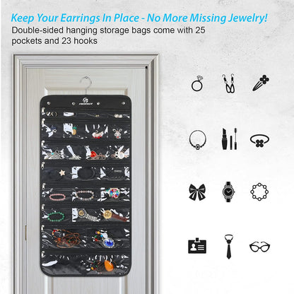 Freegrace Hanging Jewelry Organizer Revolving Hanger - Secure Zipper Closure - 25 Pockets,23 Hooks