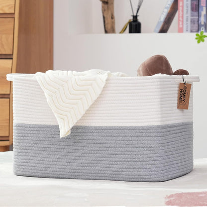 COMFY-HOMI Large Rectangle Laundry Storage Basket | Cotton Rope Woven, Organizing with Handle |
