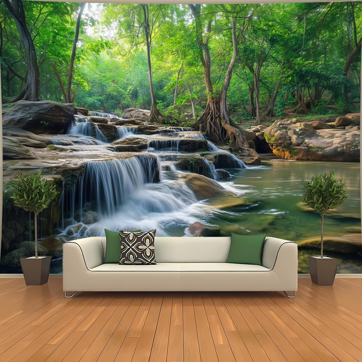 BSFHH Nature Tapestry Forest Tree Sea Cave Wall Hanging, Stream Through Rainforest Landscape Wall