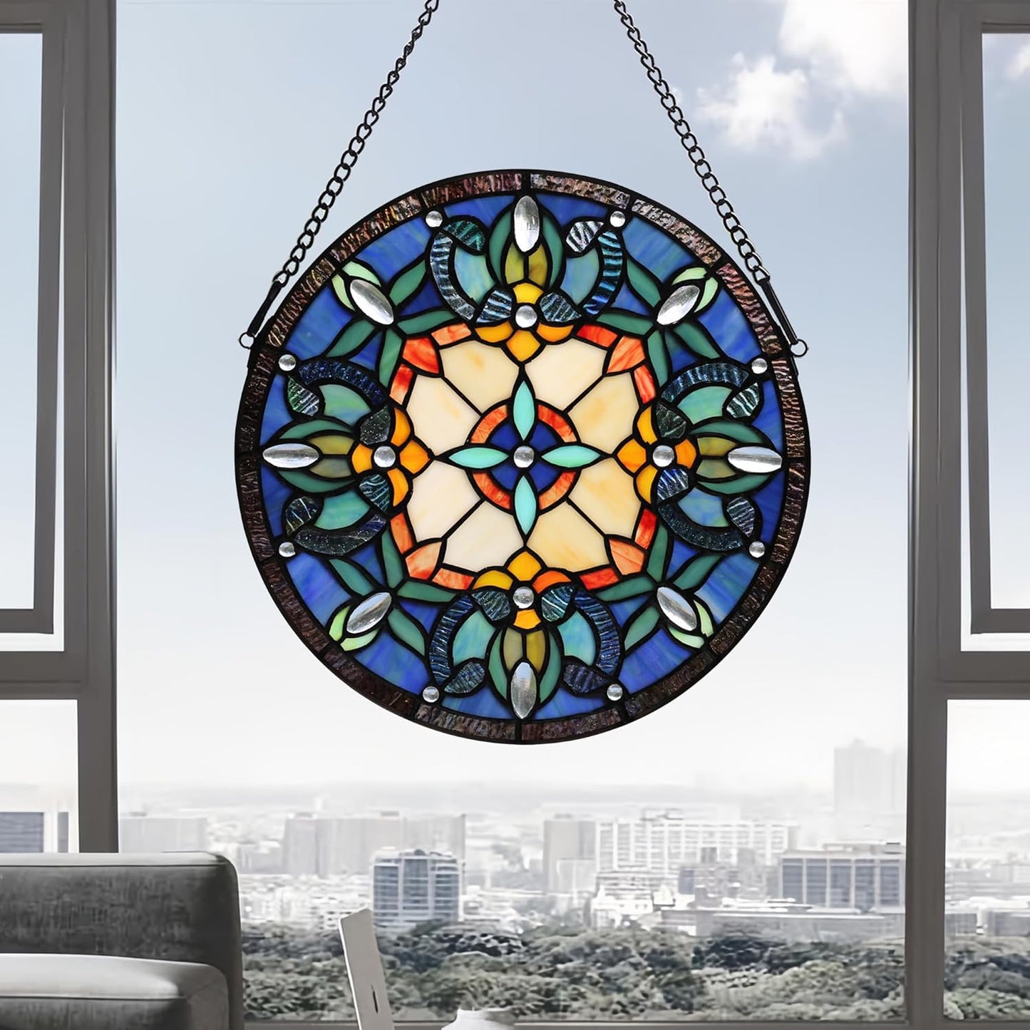 Handcrafted Stained Glass Window Panel - 12-Inch Round Floral Design with Vibrant Colors, Elegant