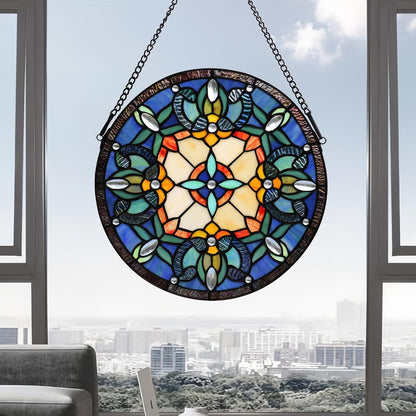 Handcrafted Stained Glass Window Panel - 12-Inch Round Floral Design with Vibrant Colors, Elegant