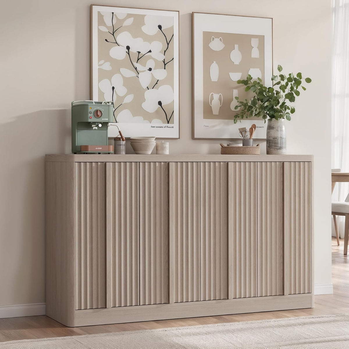Fluted Buffet Cabinet with Storage, 60" Sideboard Buffet Accent Cabinet with 4 Door & Solid Wood