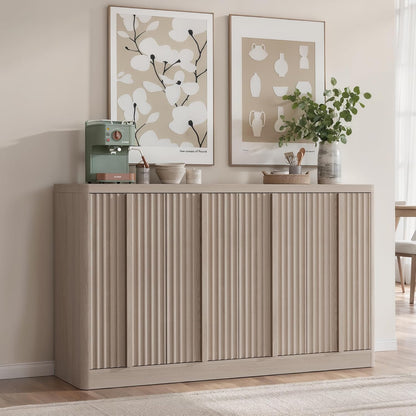 Fluted Buffet Cabinet with Storage, 60" Sideboard Buffet Accent Cabinet with 4 Door & Solid Wood