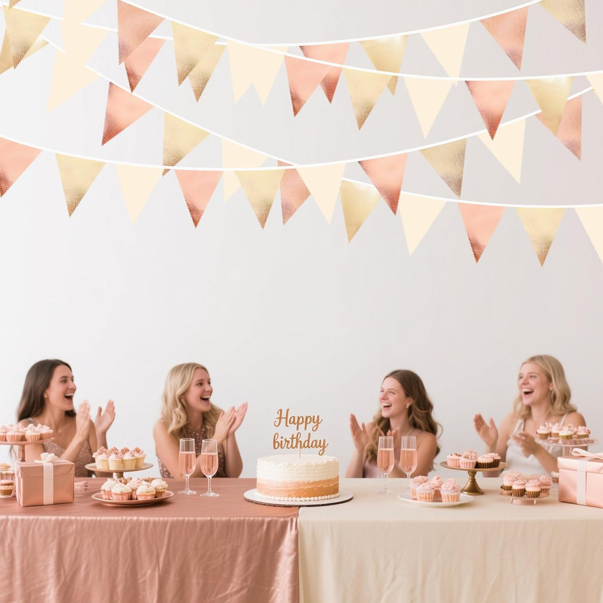 Rose Gold Champagne Gold Beige Party Decorations Metallic Fabric Triangle Flag Pennant Banner