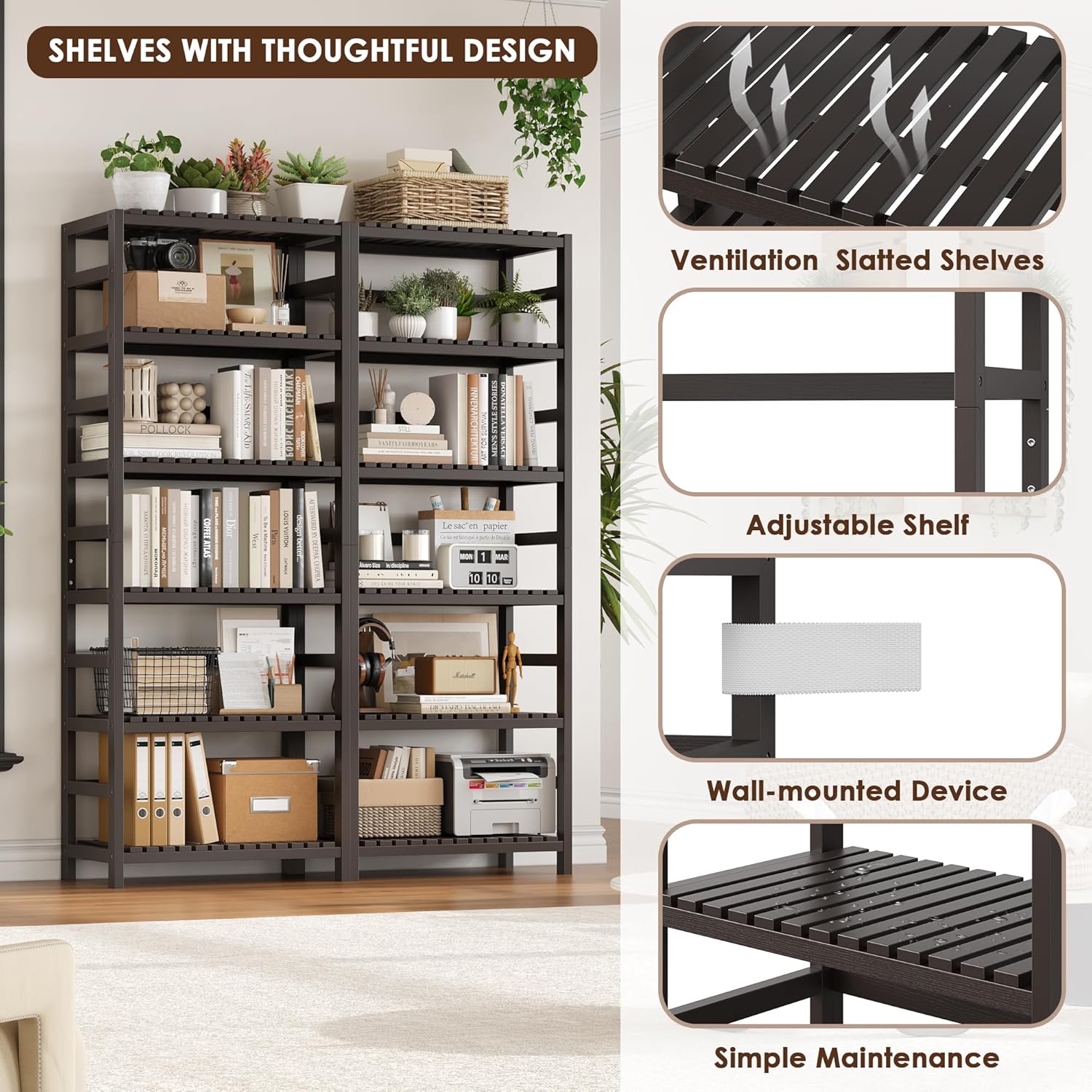 FOTOSOK 6-Tier Bamboo Shelf, Bamboo Bookcase with Adjustable Shelves, Free Standing Storage Shelf