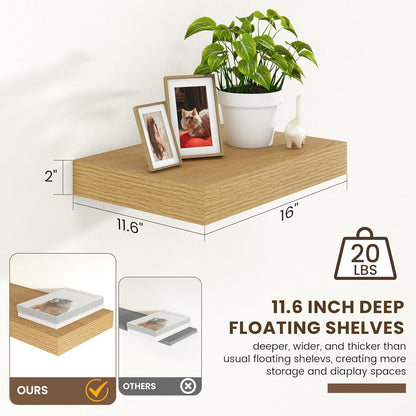 Deep Floating Shelves for Wall | 16 Inch Wide x 12 Inch Deep Floating Shelves Set of 2 | Rustic Oak