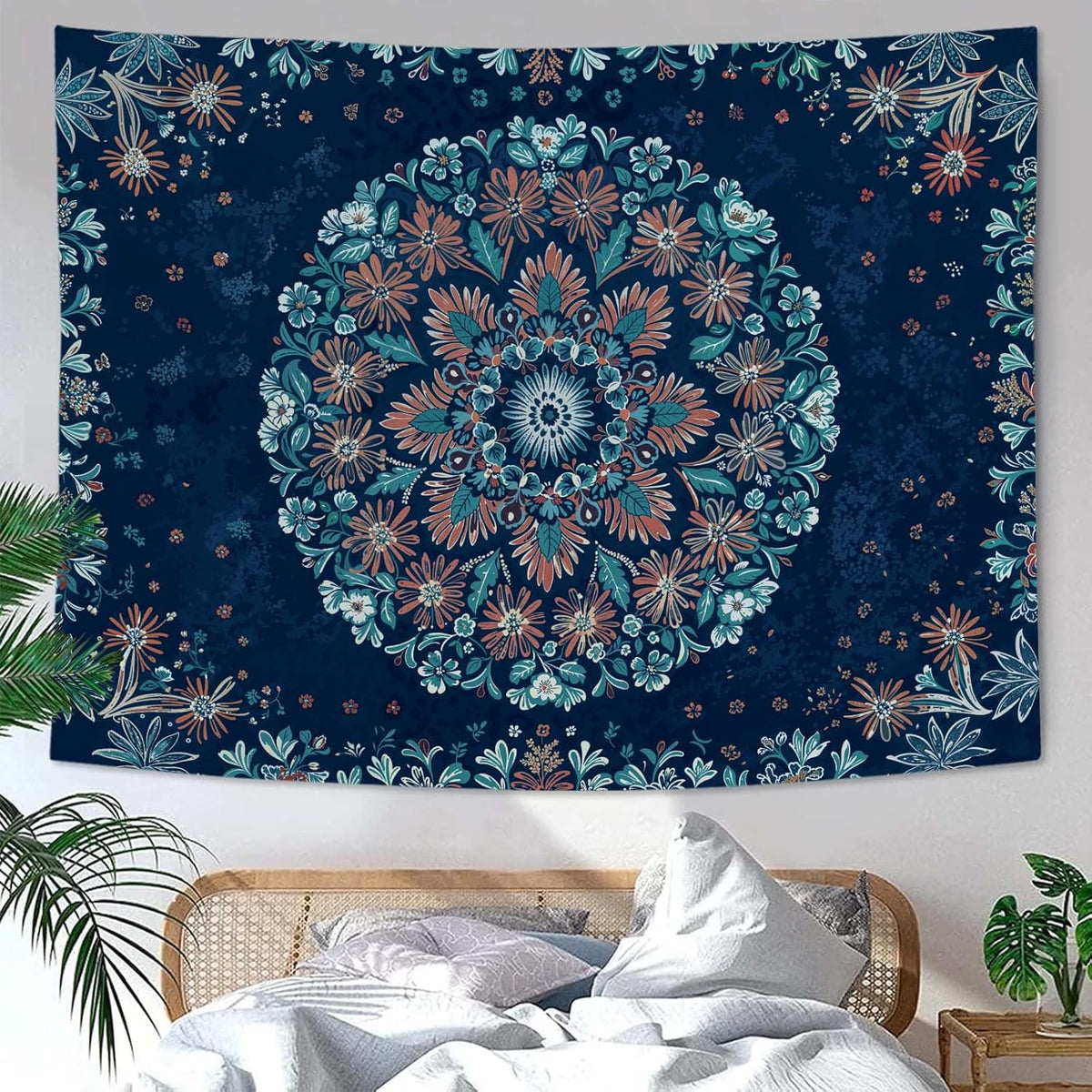 Fowocu Boho Floral Mandala Tapestry Wall Hanging Blue Bohemian Flower Medallion Tapestry Aesthetic