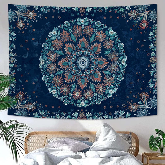 Fowocu Boho Floral Mandala Tapestry Wall Hanging Blue Bohemian Flower Medallion Tapestry Aesthetic