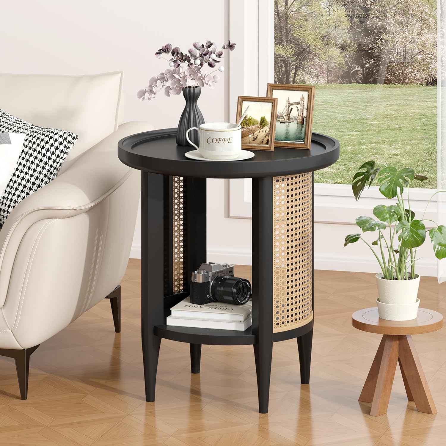 Yusong Round End Table Rattan Side Table with Solid Wood Legs, Boho Style Nightstand Bedside Table