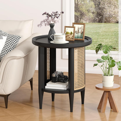 Yusong Round End Table Rattan Side Table with Solid Wood Legs, Boho Style Nightstand Bedside Table
