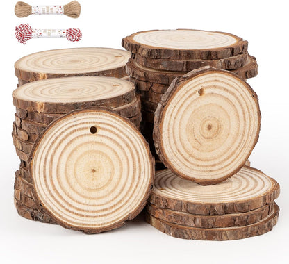 50 Pcs Wood Slices with Hole, 2.3"-2.8" Unfinished Wood, Wood Rounds for Crafts, Wood Crafts, Round