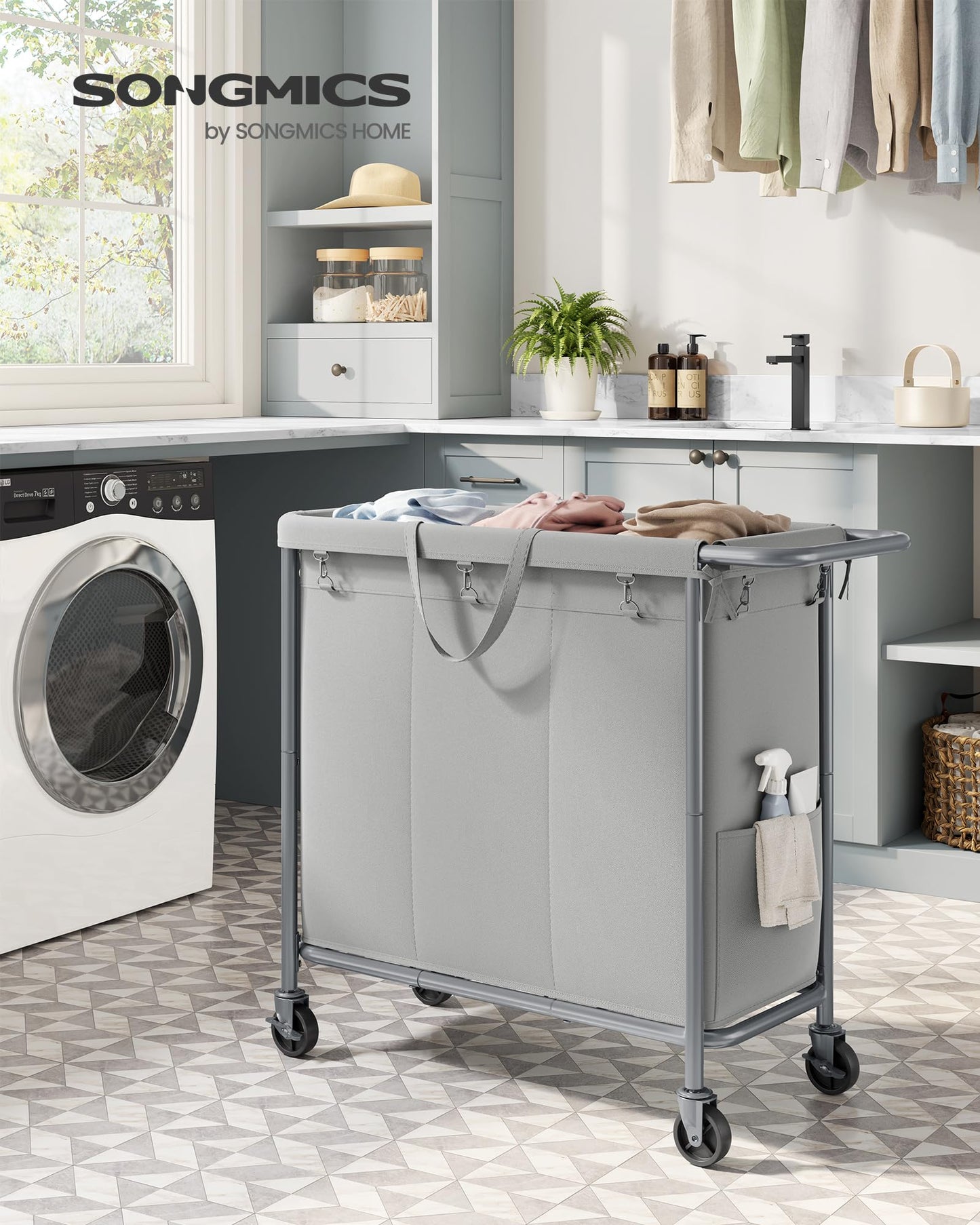 SONGMICS Laundry Basket with Wheels, 3-Section Rolling Laundry Hamper, 52.8 Gallons (200 L)