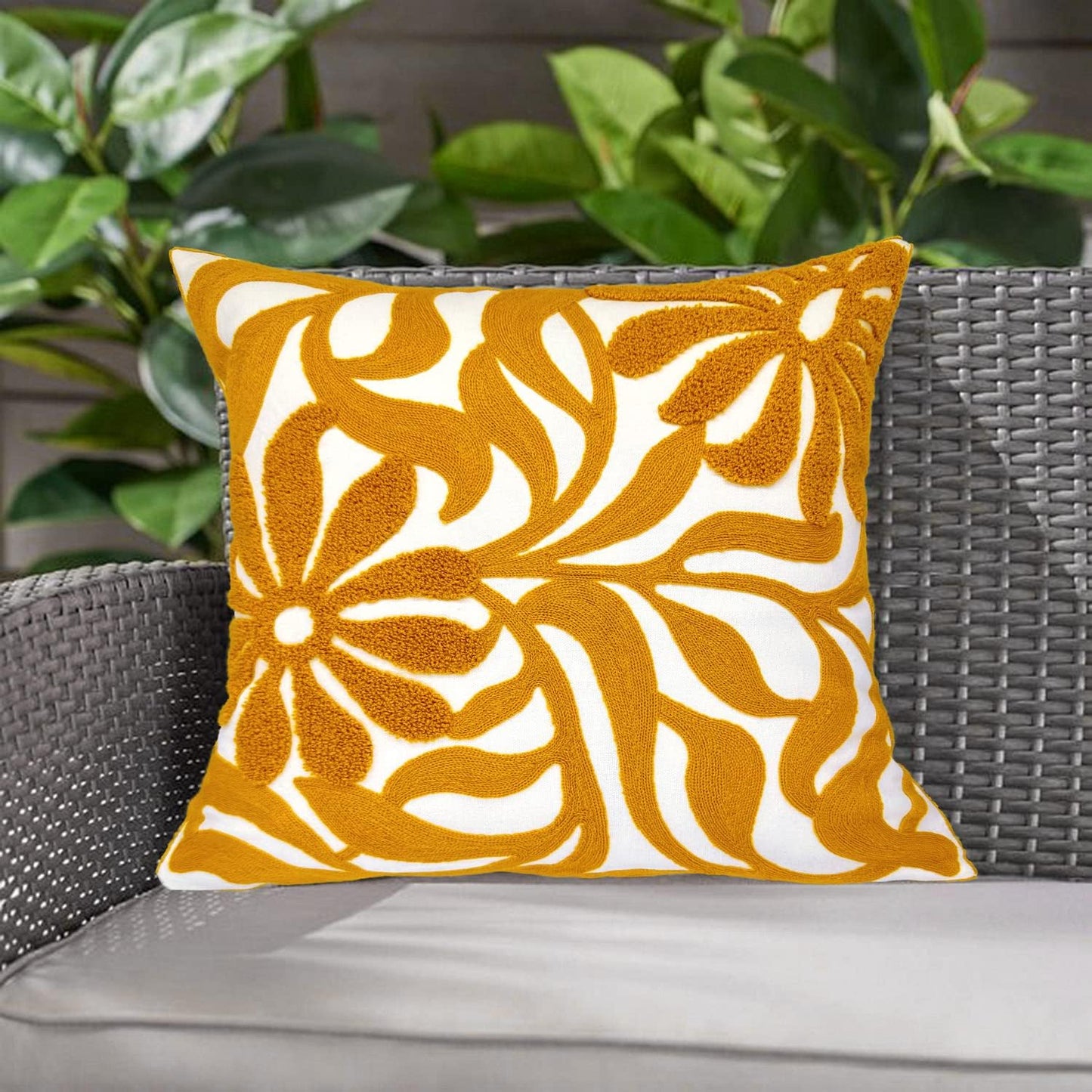 Alysheer Farmhouse Floral Leaves Embroidered Decorative Throw Pillow Cover 18x18 inches, Boho