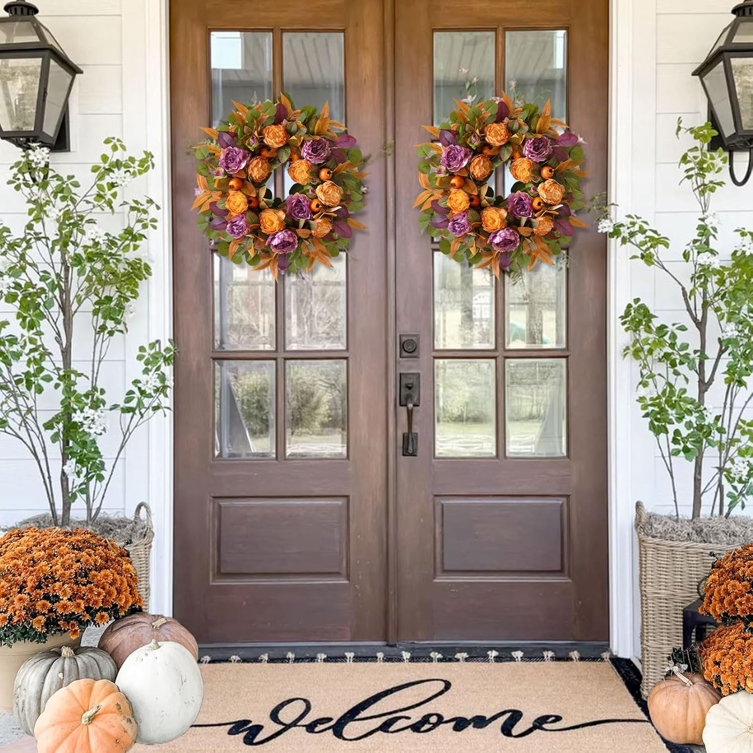 24 Inch Fall Wreath for Front Door - Autumn Wreath with Peony, Maple Leaves, Berries - Farmhouse