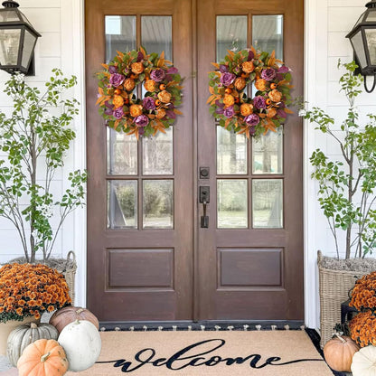 24 Inch Fall Wreath for Front Door - Autumn Wreath with Peony, Maple Leaves, Berries - Farmhouse