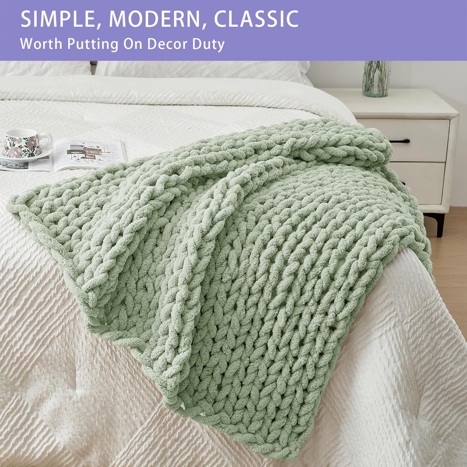 Bigacogo Chunky Knit Throw Blanket for Couch, 40x40 inches, 100% Hand Knitted with Thick Jumbo