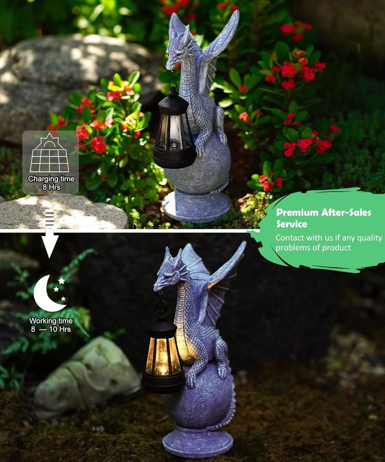 Qeeman Dragon on Ball with Solar Lantern Statues: Garden Decor Outdoor Decorations Art Figurine for