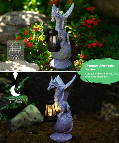 Qeeman Dragon on Ball with Solar Lantern Statues: Garden Decor Outdoor Decorations Art Figurine for