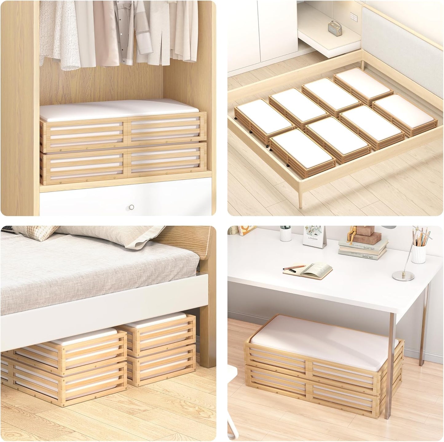 Bamboo Under Bed Storage Containers- Underbed Organizer with Wheels with Large Dust Bag,Sturdy Wood