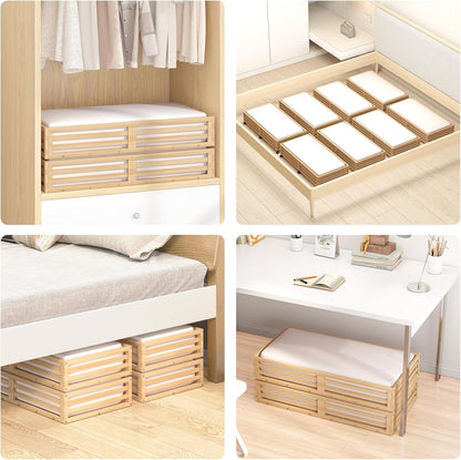 Bamboo Under Bed Storage Containers- Underbed Organizer with Wheels with Large Dust Bag,Sturdy Wood