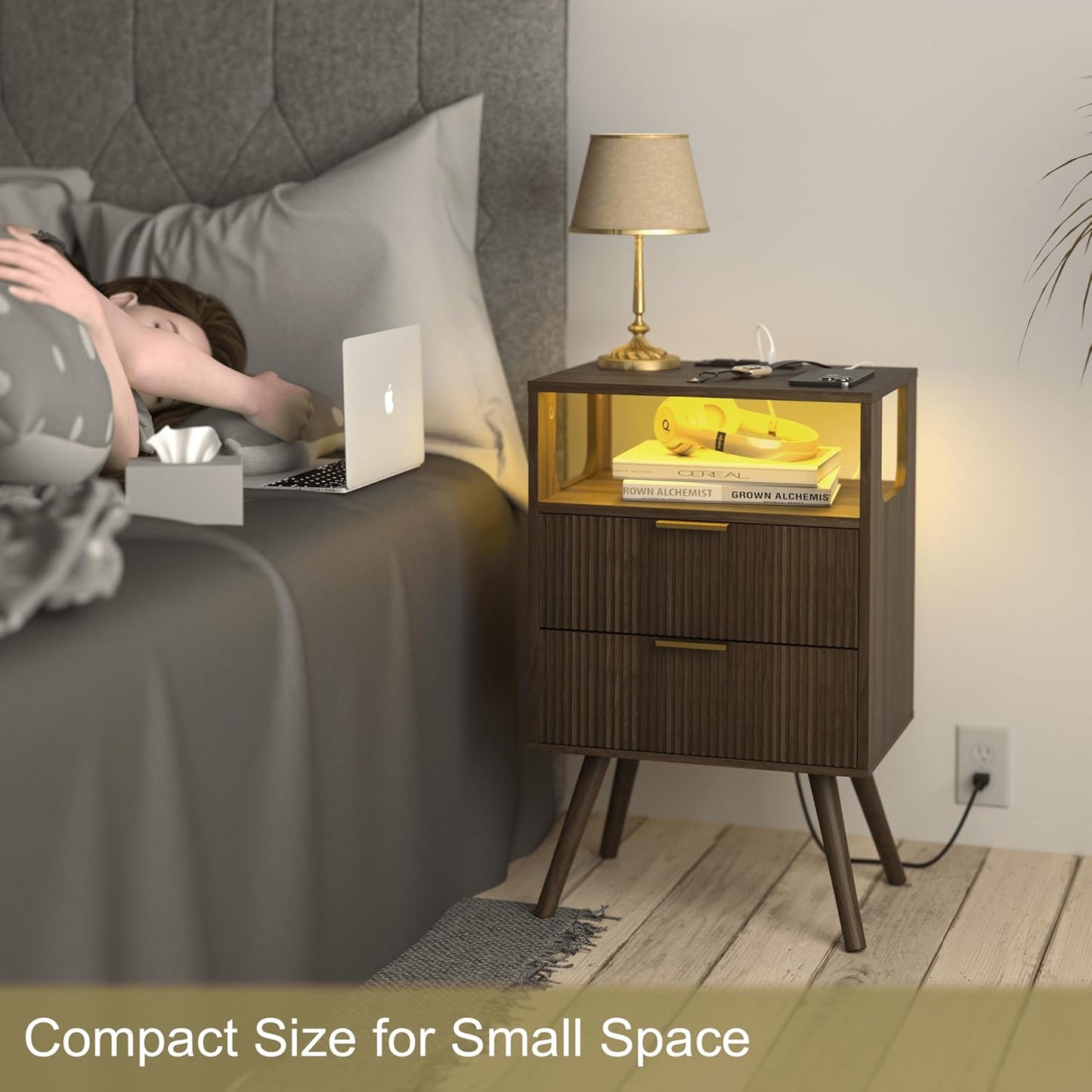 Nightstand with Charging Station and LED Lights,Modern Bedside Table with 2 Storage Drawer and Open