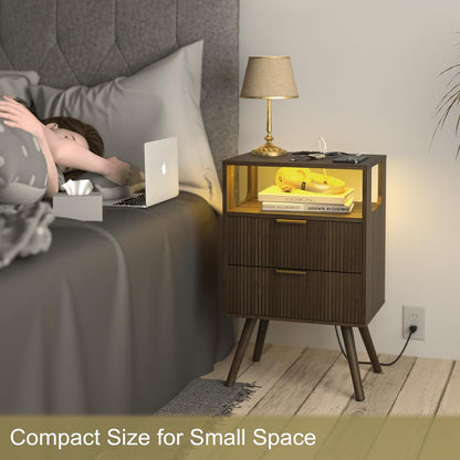 Nightstand with Charging Station and LED Lights,Modern Bedside Table with 2 Storage Drawer and Open