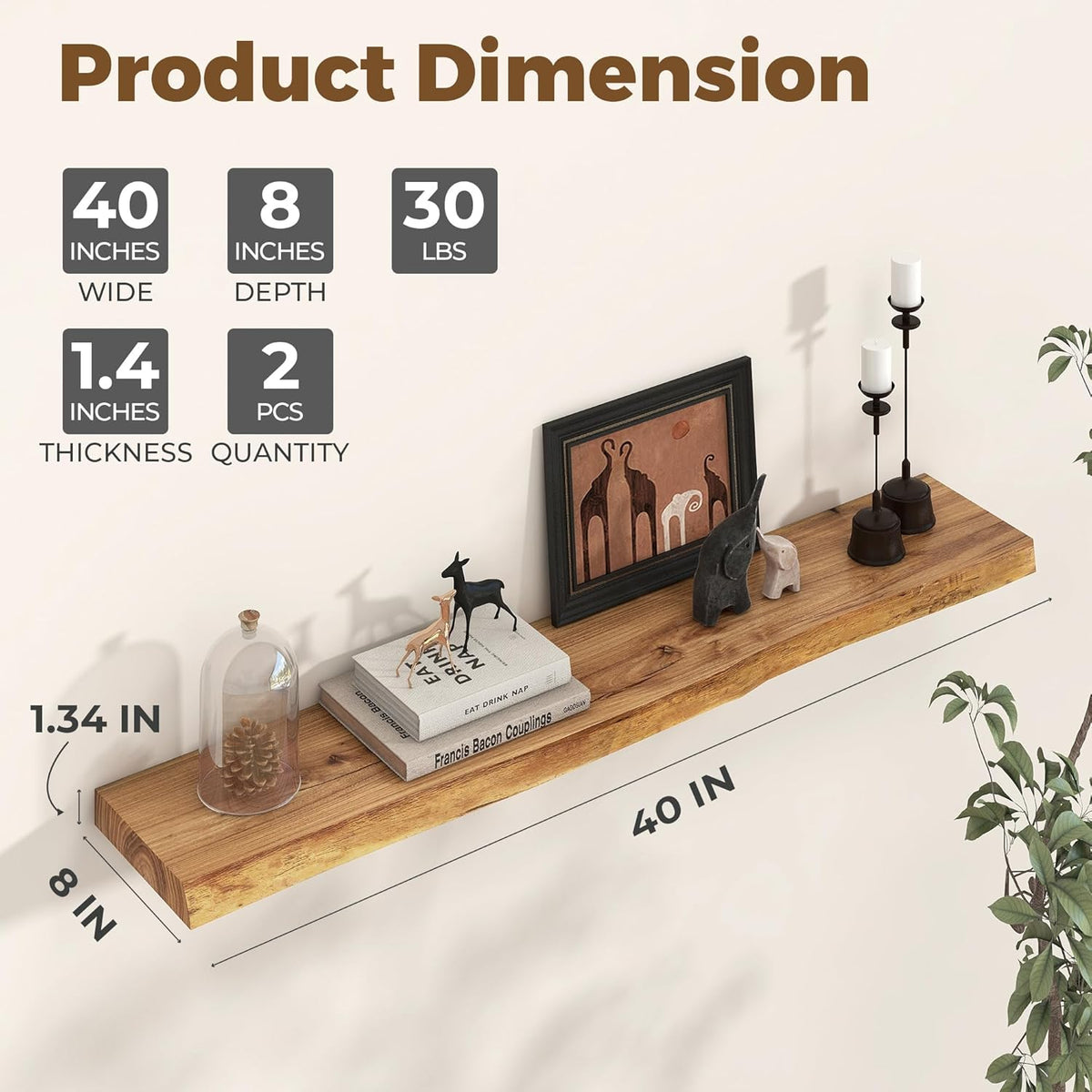 Axeman 40 inch Floating Shelves for Wall - 8'' D Live Edge Rustic Solid Elm Wood Floating Shelves