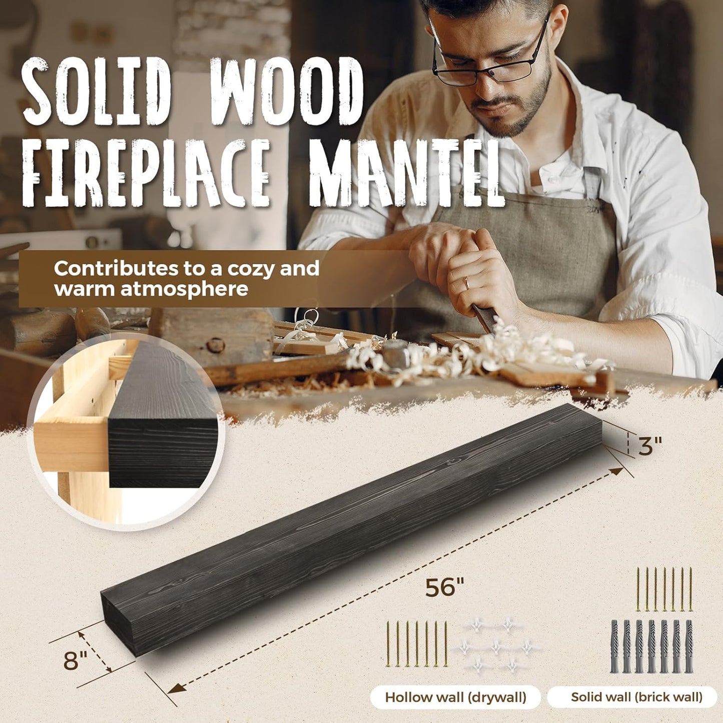 56x8x3 Fireplace Mantel - Handcrafted Hollow Rustic Solid Wood Wall Mounted Floating Shelf with