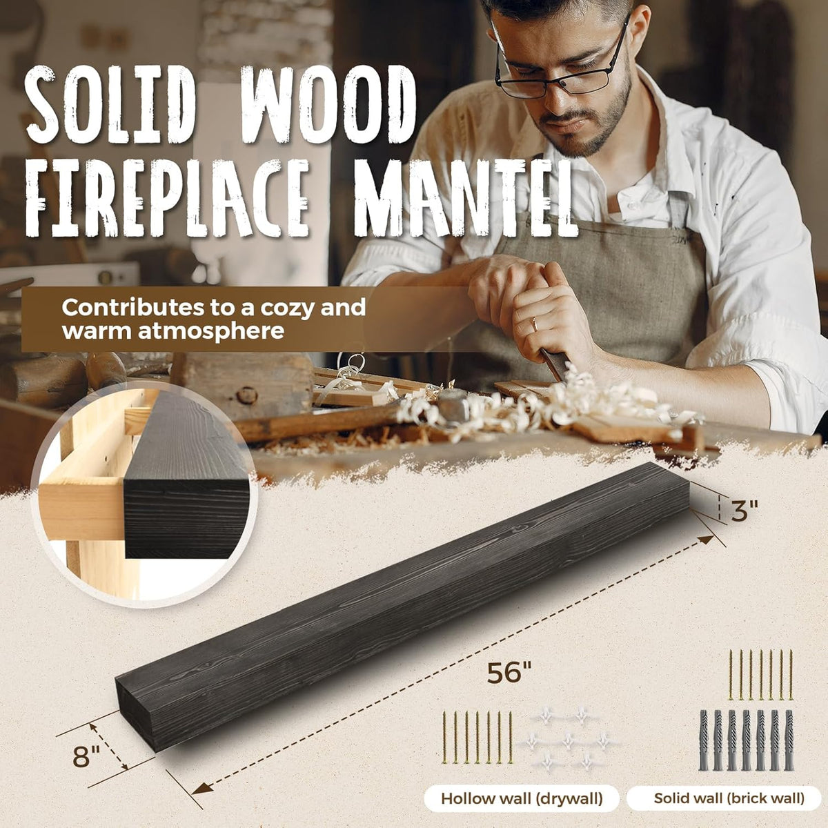 56x8x3 Fireplace Mantel - Handcrafted Hollow Rustic Solid Wood Wall Mounted Floating Shelf with