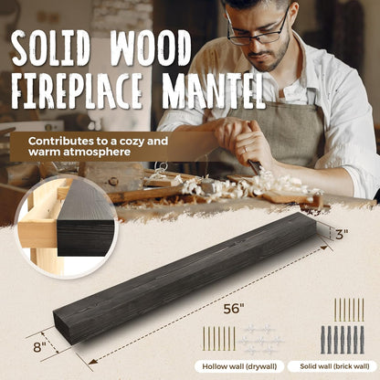 56x8x3 Fireplace Mantel - Handcrafted Hollow Rustic Solid Wood Wall Mounted Floating Shelf with