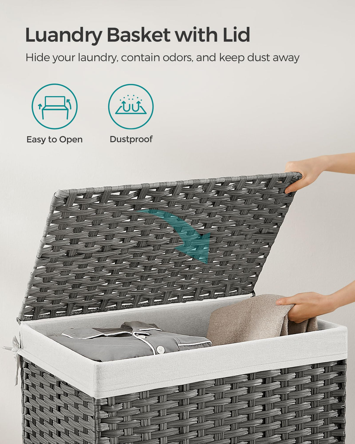 SONGMICS Storage Basket with Lid, Woven Blanket Storage Bin with Handles, Foldable, Removable