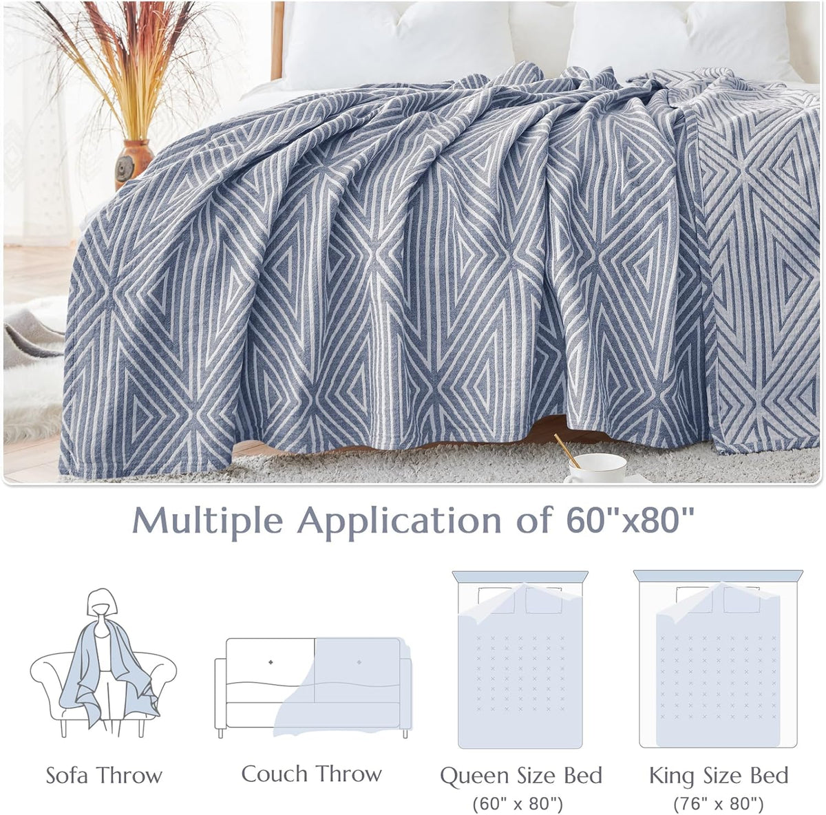 JINCHAN Boho 100% Cotton Blanket Muslin Twin Size 60x80 Inches Lightweight 3-Layer Geometric