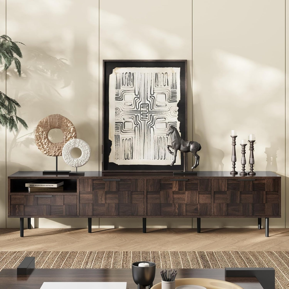 Modern TV Stand for TVs up to 85", Mid-Century Media Console with Checkered Cabinet Doors, Storage