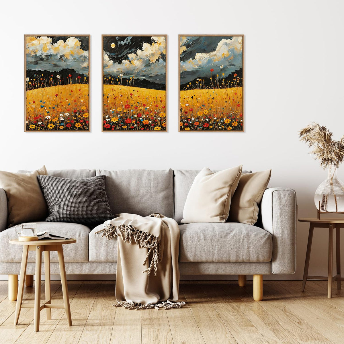 HLNIUC Mystical Moonlight Framed Wall Art Set,Night Moon Wildflower Canvas Wall Decor,Full Moon