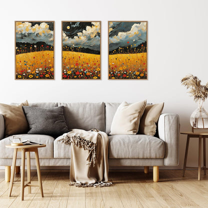 HLNIUC Mystical Moonlight Framed Wall Art Set,Night Moon Wildflower Canvas Wall Decor,Full Moon