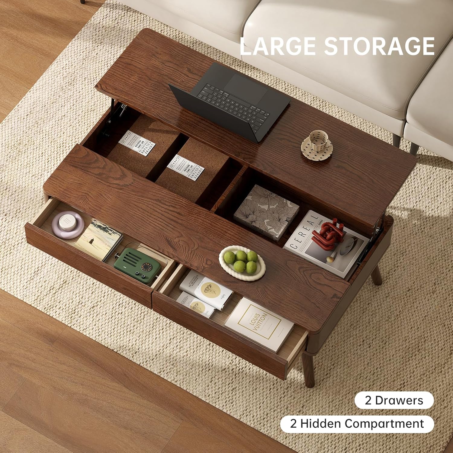 100% Solid Wood Lift Top Coffee Table for Living Room, Mid Century Modern Tables with Drawers and